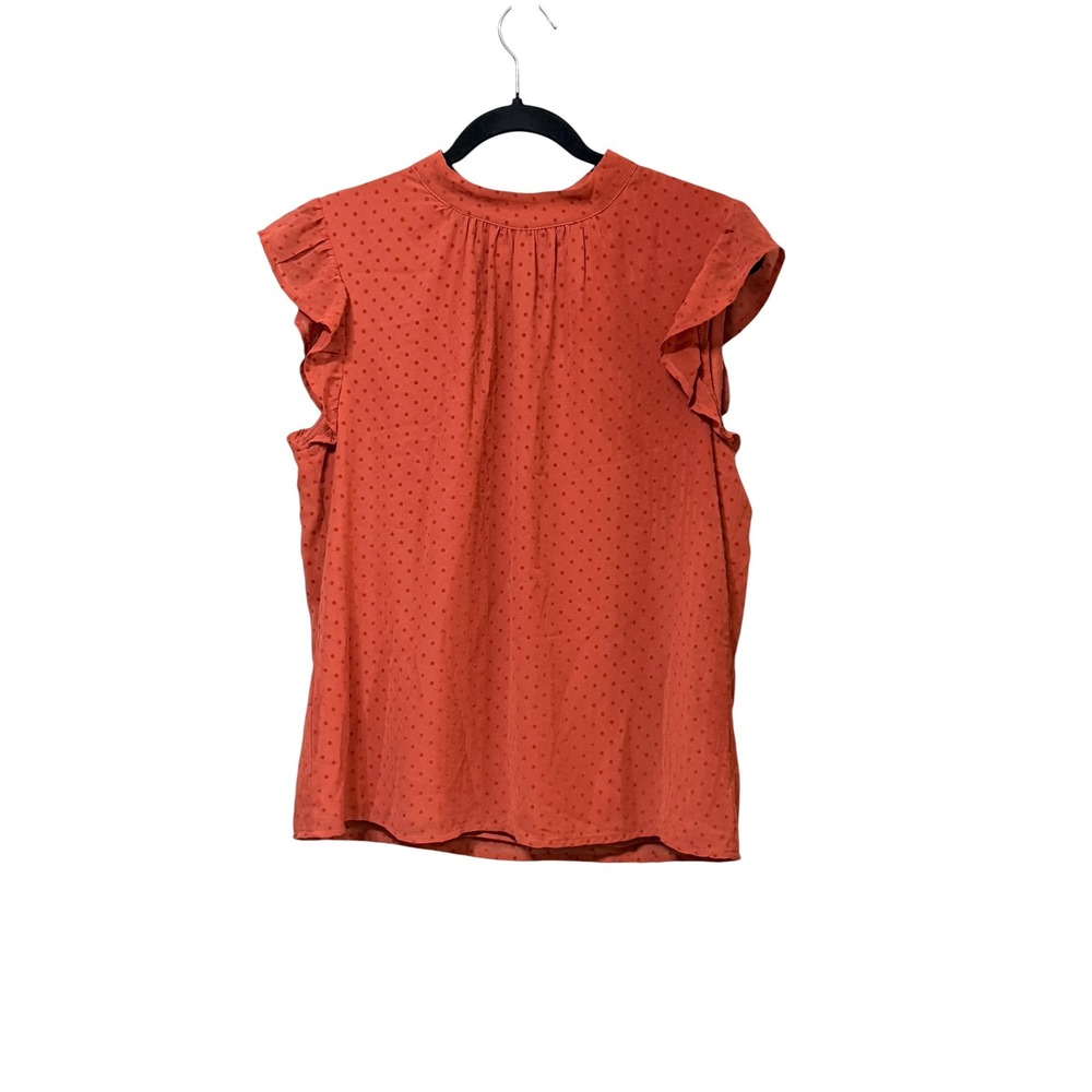 Les Serein Rust Orange Swiss Dot Ruffle Mock Neck Tie Back Blouse‎ Medium